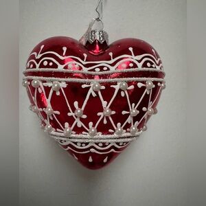 Red Glass Heart Ornament decorated with white glitter and small pearl (NWT).